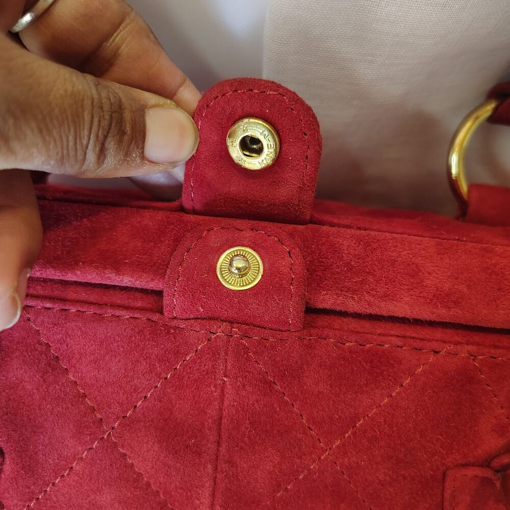 Vintage Red Quilted Suede Leather Satchel Handbag Gold Hardware Top Handle Purse - Picture 7 of 16